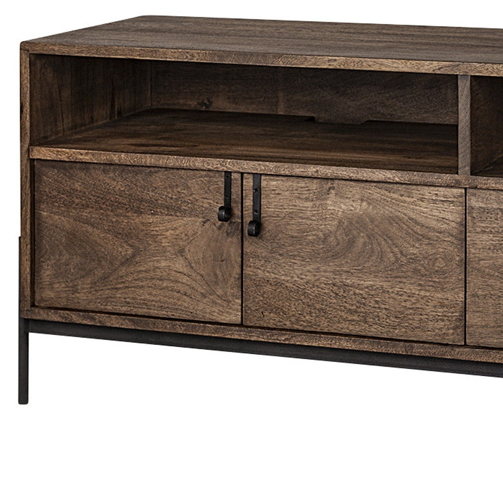 62" Brown and Black Solid Wood Cabinet Enclosed Storage TV Stand-5