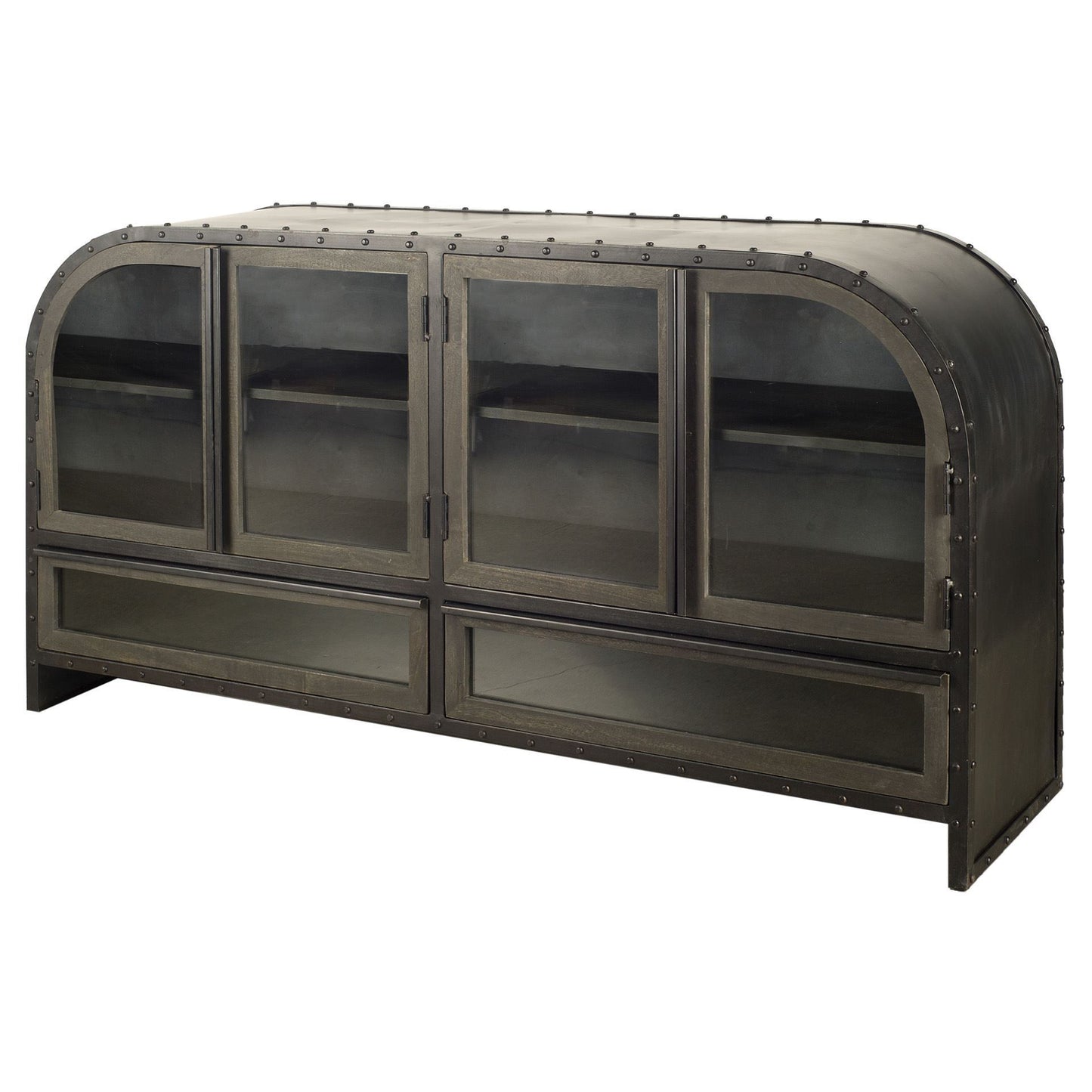 62" Dark Brown Iron Two Drawer Sideboard with Four Glass Doors-1