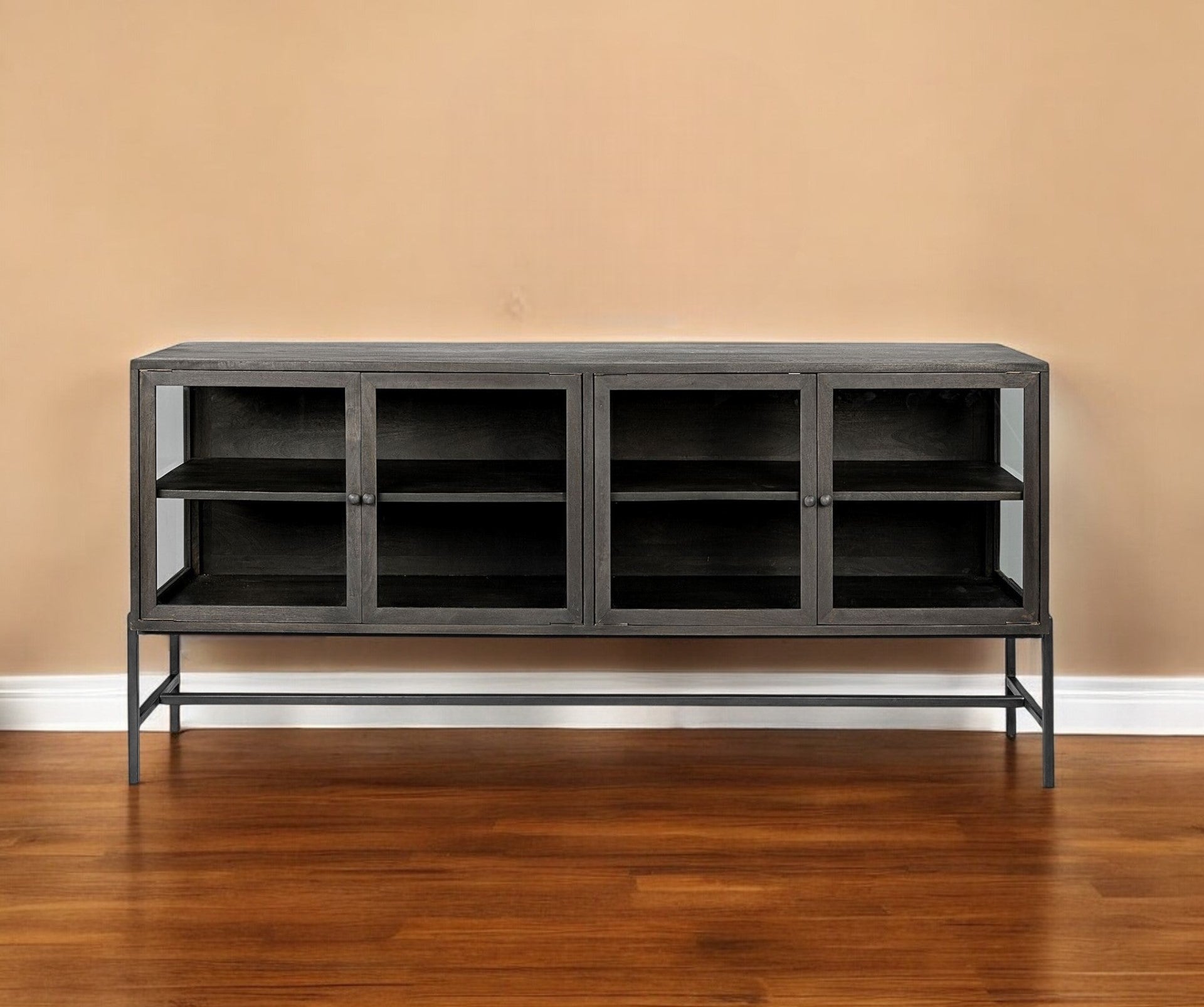 70" Black Solid Wood Sideboard with Four Glass Doors-0