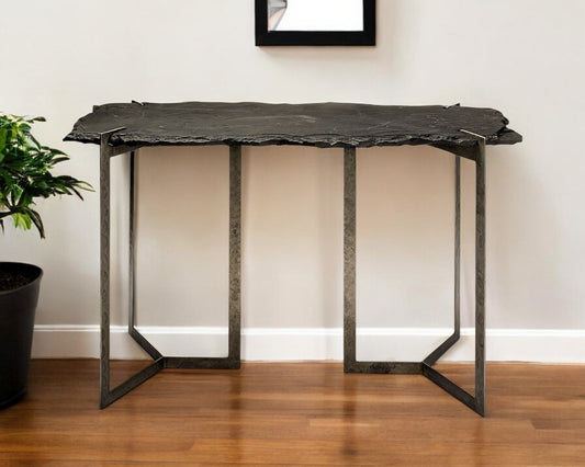 50" Black and Nickel Slate and Iron Distressed Double Pedestal Console Table-0