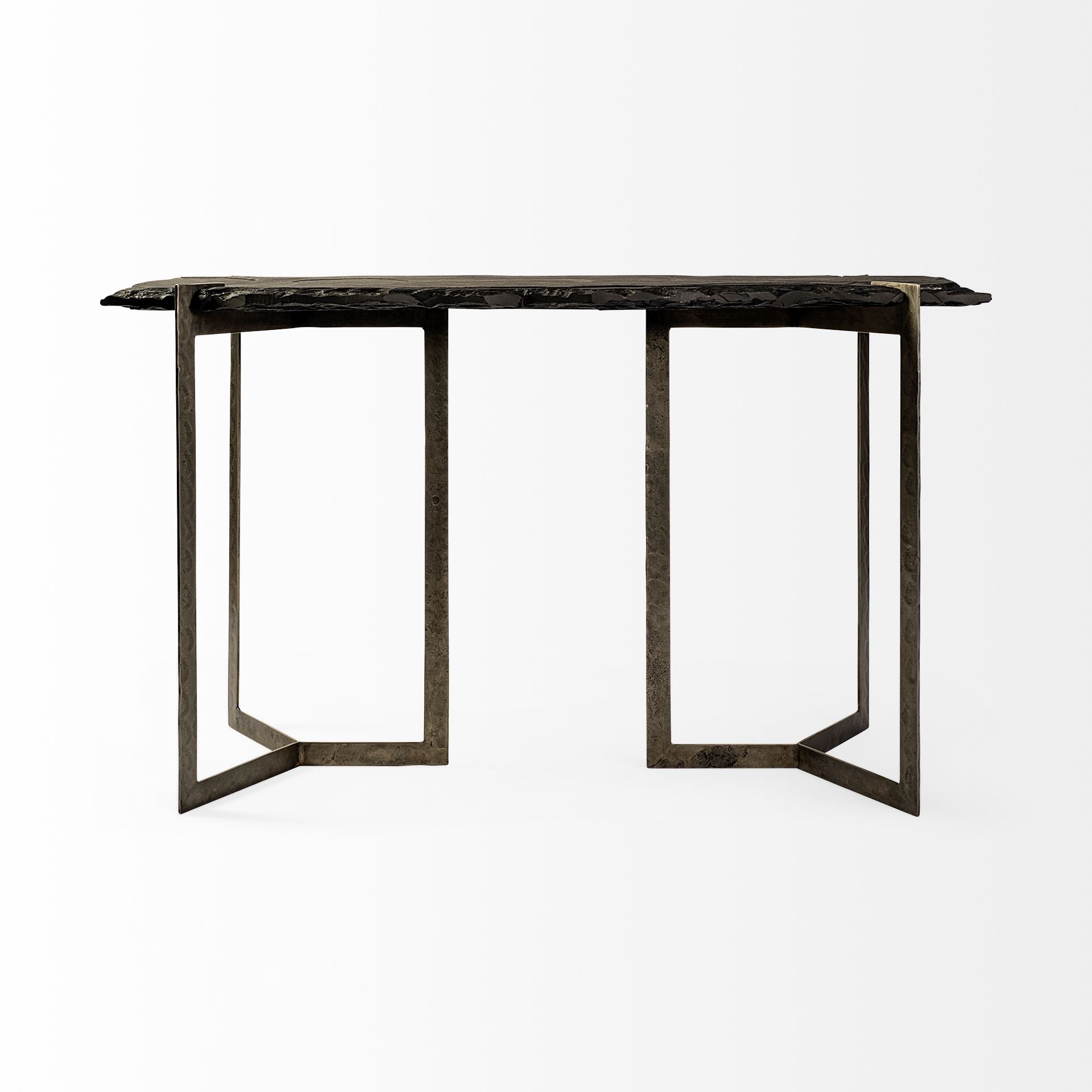 50" Black and Nickel Slate and Iron Distressed Double Pedestal Console Table-5