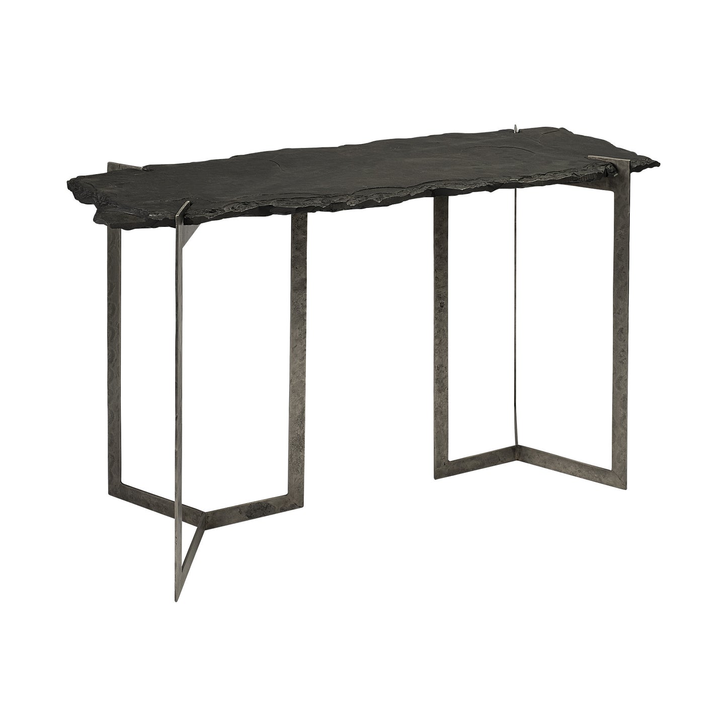 50" Black and Nickel Slate and Iron Distressed Double Pedestal Console Table-6