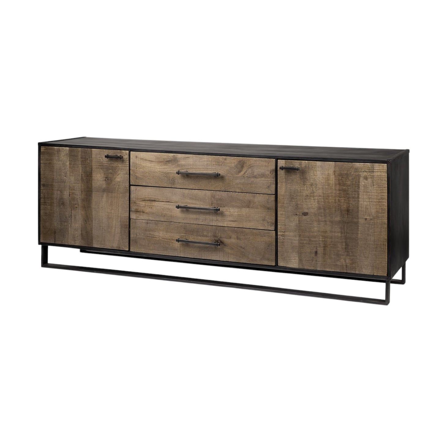82" Brown and Black Solid Wood Three Drawer Sideboard with Two Doors-2