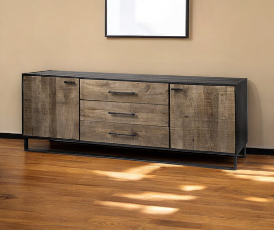 82" Brown and Black Solid Wood Three Drawer Sideboard with Two Doors-0