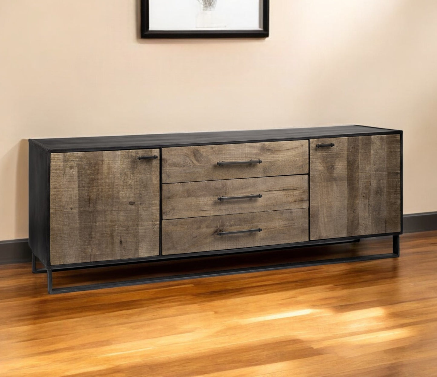 82" Brown and Black Solid Wood Three Drawer Sideboard with Two Doors-8