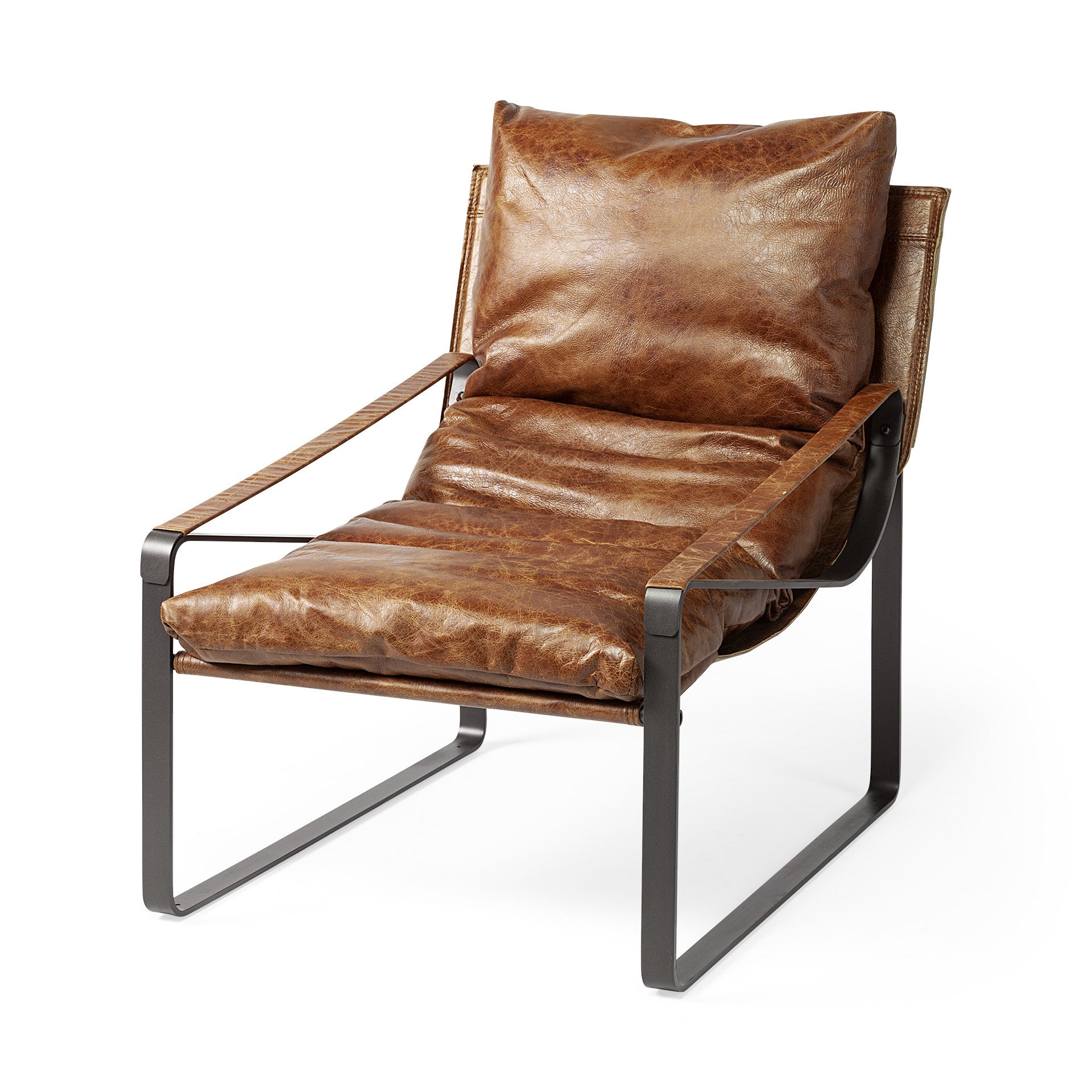 35" Brown and Black Leather Distressed Lounge Chair-1