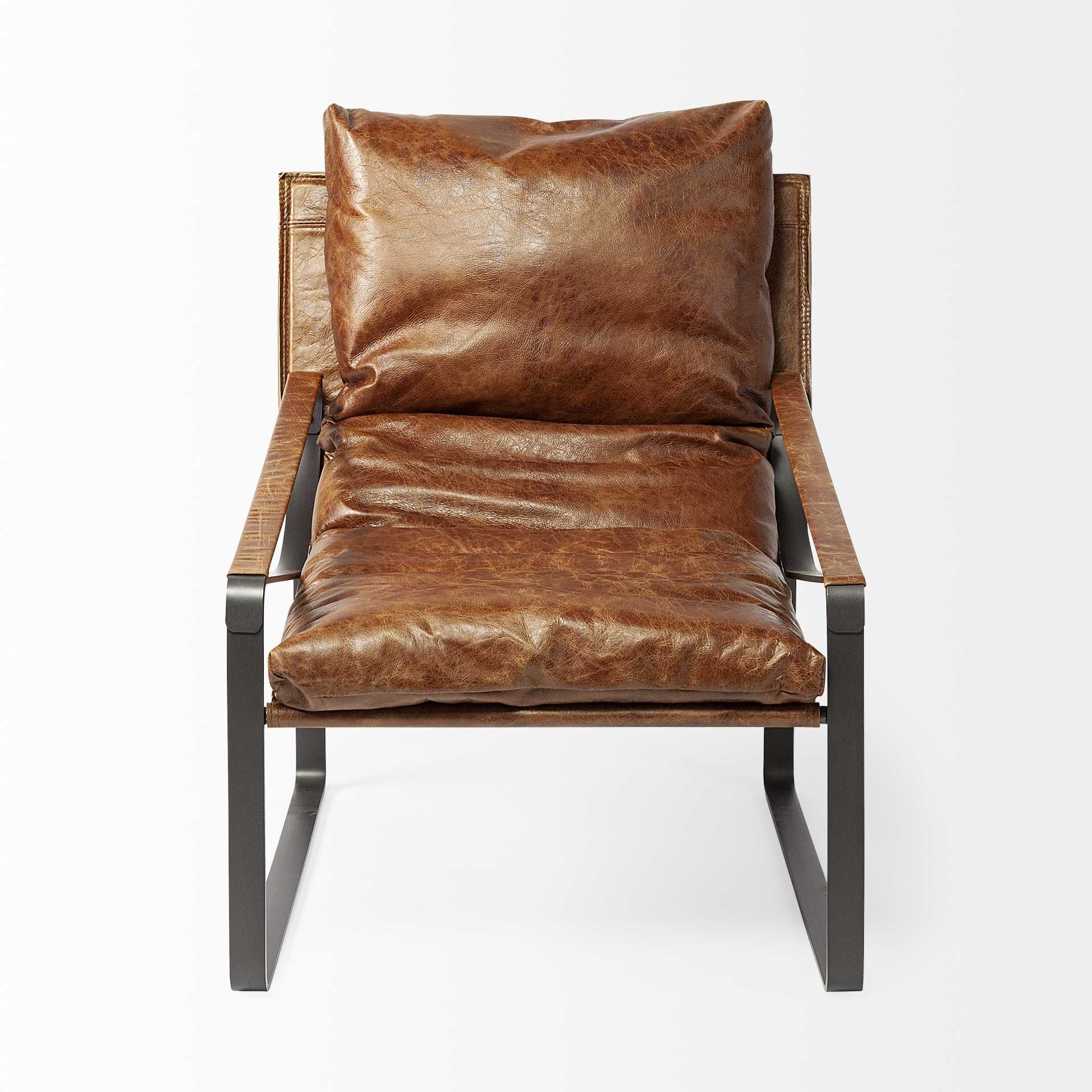 35" Brown and Black Leather Distressed Lounge Chair-2