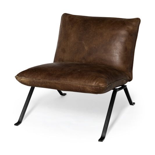 34" Brown and Black Top Grain Leather Distressed Slipper Chair-1