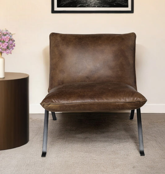 34" Brown and Black Top Grain Leather Distressed Slipper Chair-0