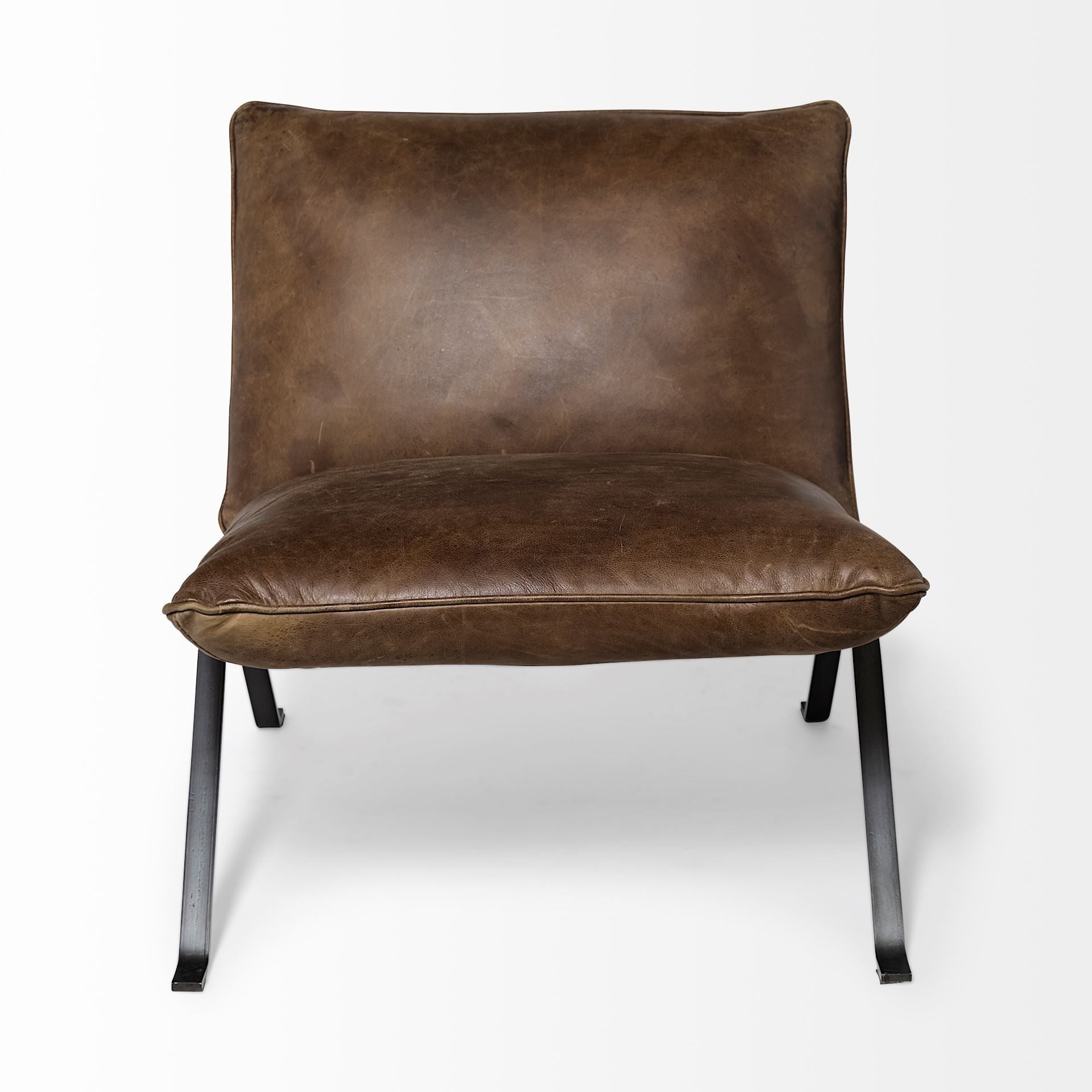 34" Brown and Black Top Grain Leather Distressed Slipper Chair-2