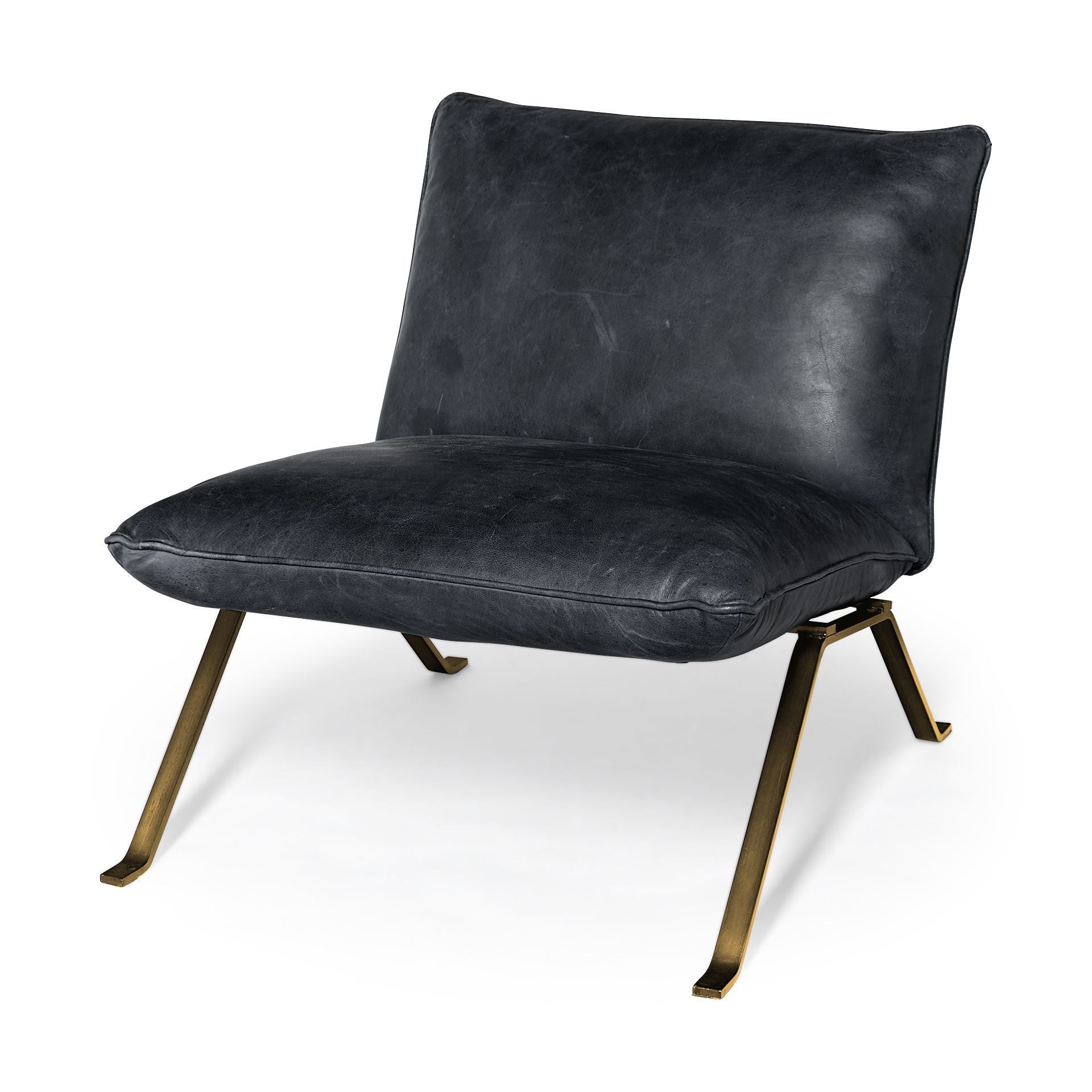 34" Black and Brass Top Grain Leather Distressed Slipper Chair-1