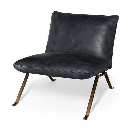 34" Black and Brass Top Grain Leather Distressed Slipper Chair-1