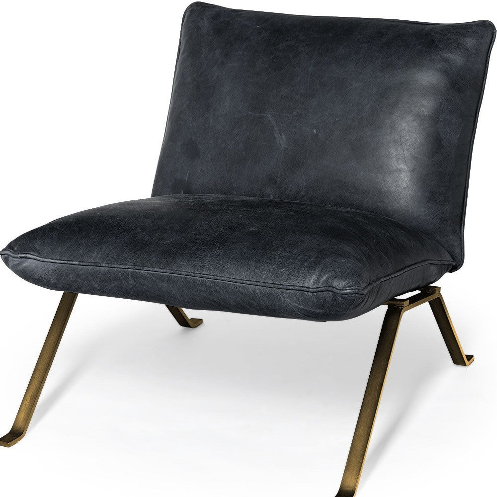 34" Black and Brass Top Grain Leather Distressed Slipper Chair-6