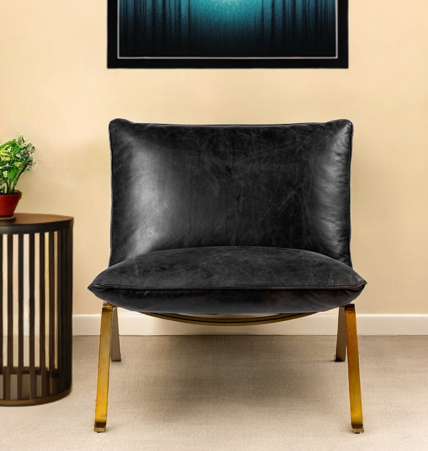 34" Black and Brass Top Grain Leather Distressed Slipper Chair-0