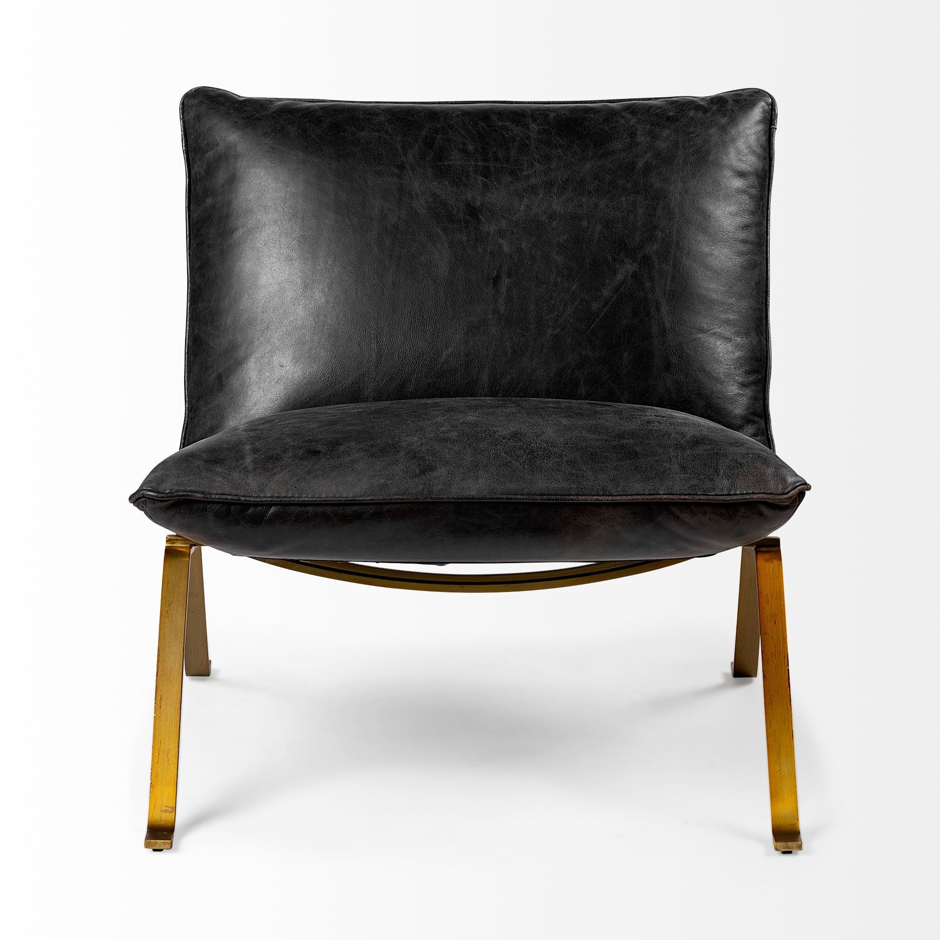 34" Black and Brass Top Grain Leather Distressed Slipper Chair-2