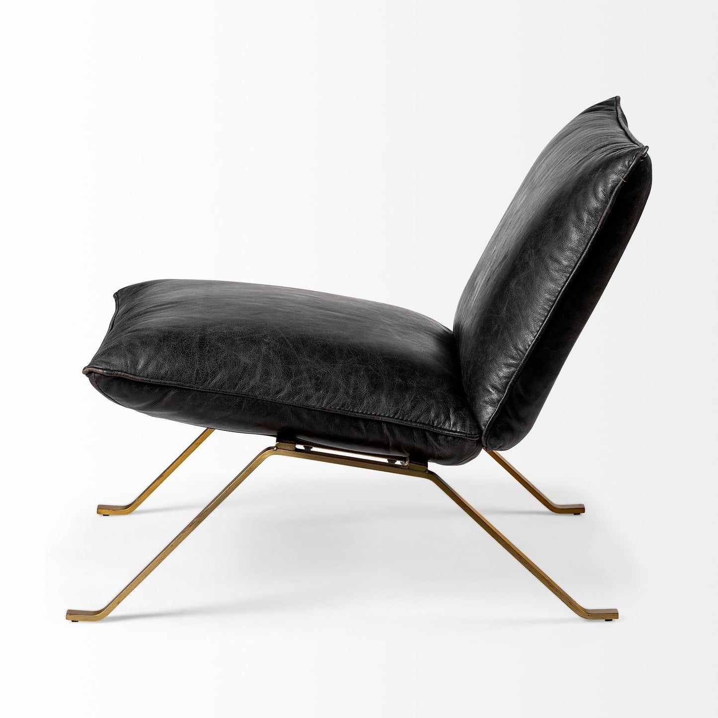34" Black and Brass Top Grain Leather Distressed Slipper Chair-3