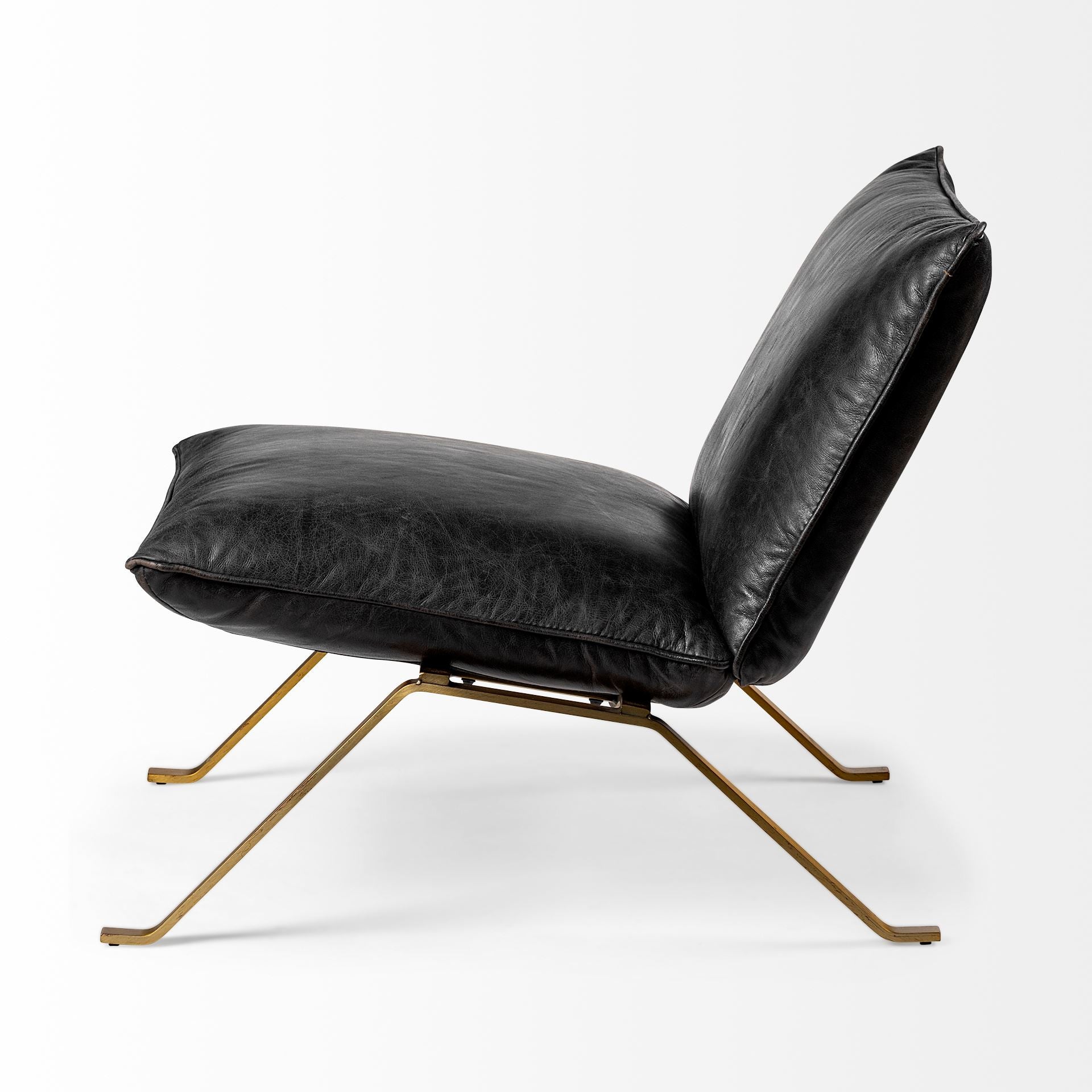 34" Black and Brass Top Grain Leather Distressed Slipper Chair-3