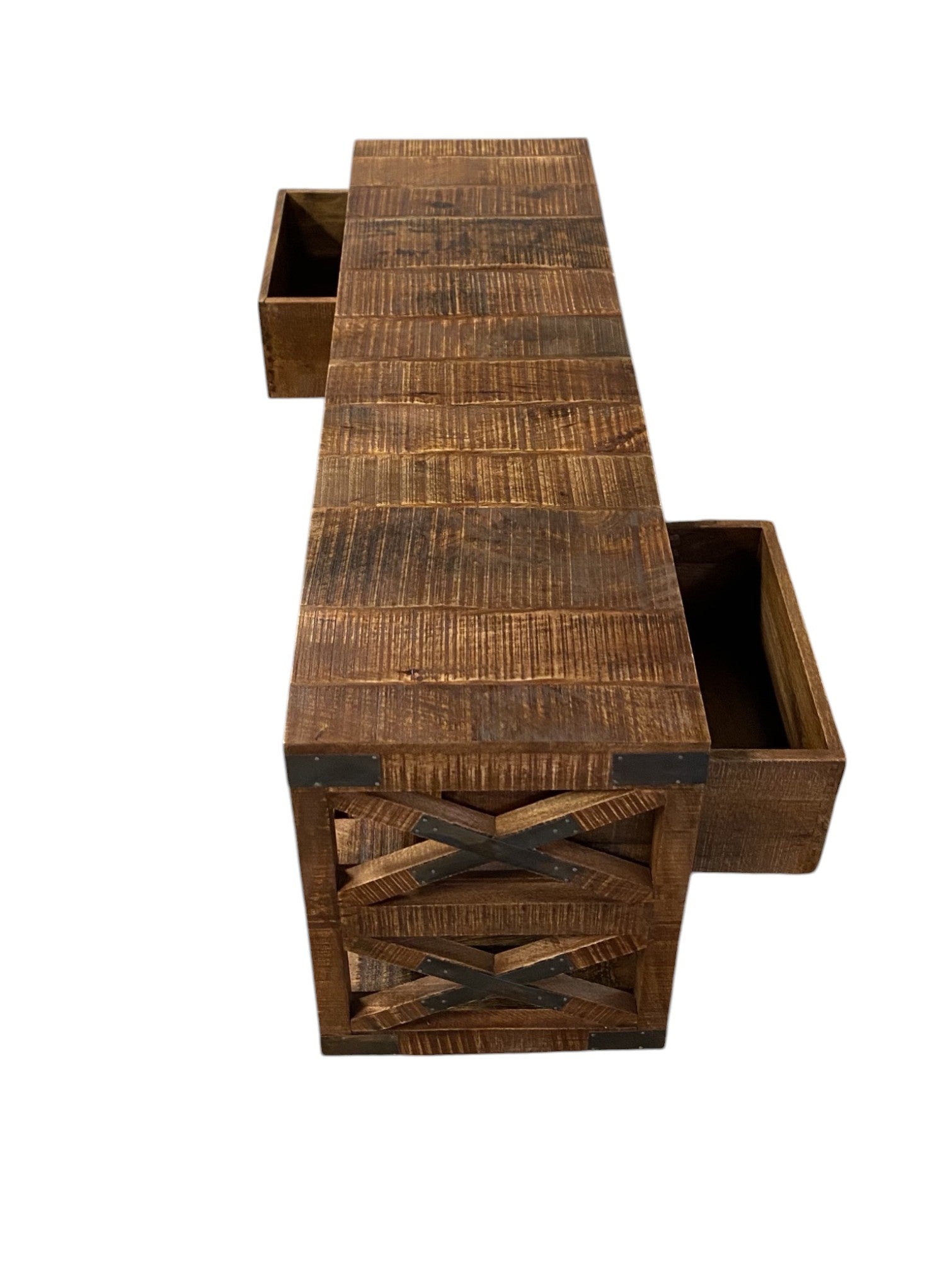 18" Brown and Black Solid Wood Distressed Wheel Console Table With Shelves And Drawers-3