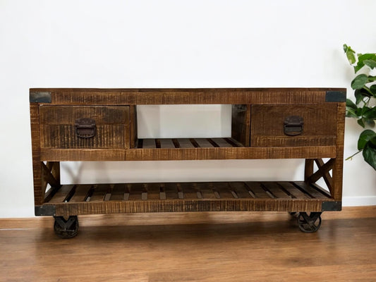 18" Brown and Black Solid Wood Distressed Wheel Console Table With Shelves And Drawers-0