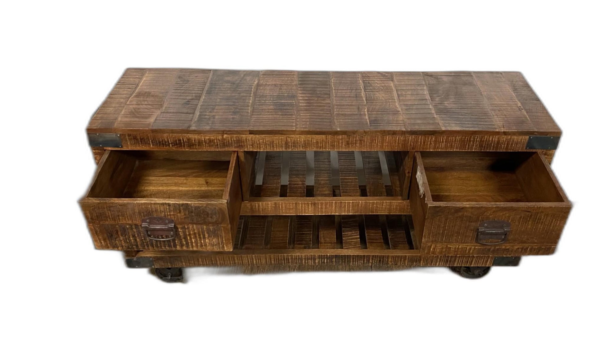 18" Brown and Black Solid Wood Distressed Wheel Console Table With Shelves And Drawers-4
