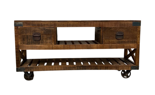 18" Brown and Black Solid Wood Distressed Wheel Console Table With Shelves And Drawers-1