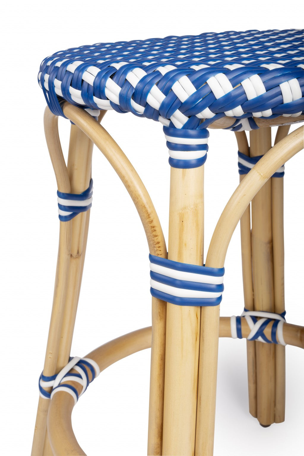24" Blue and White and Wood Brown Heavy Duty Rattan Backless Counter Height Bar Chair-5