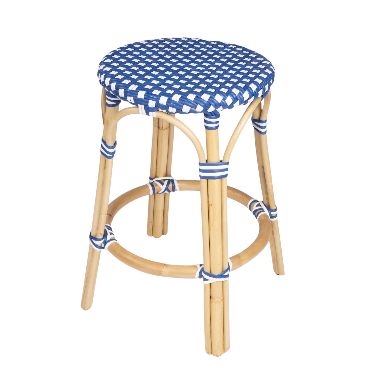 24" Blue and White and Wood Brown Heavy Duty Rattan Backless Counter Height Bar Chair-2