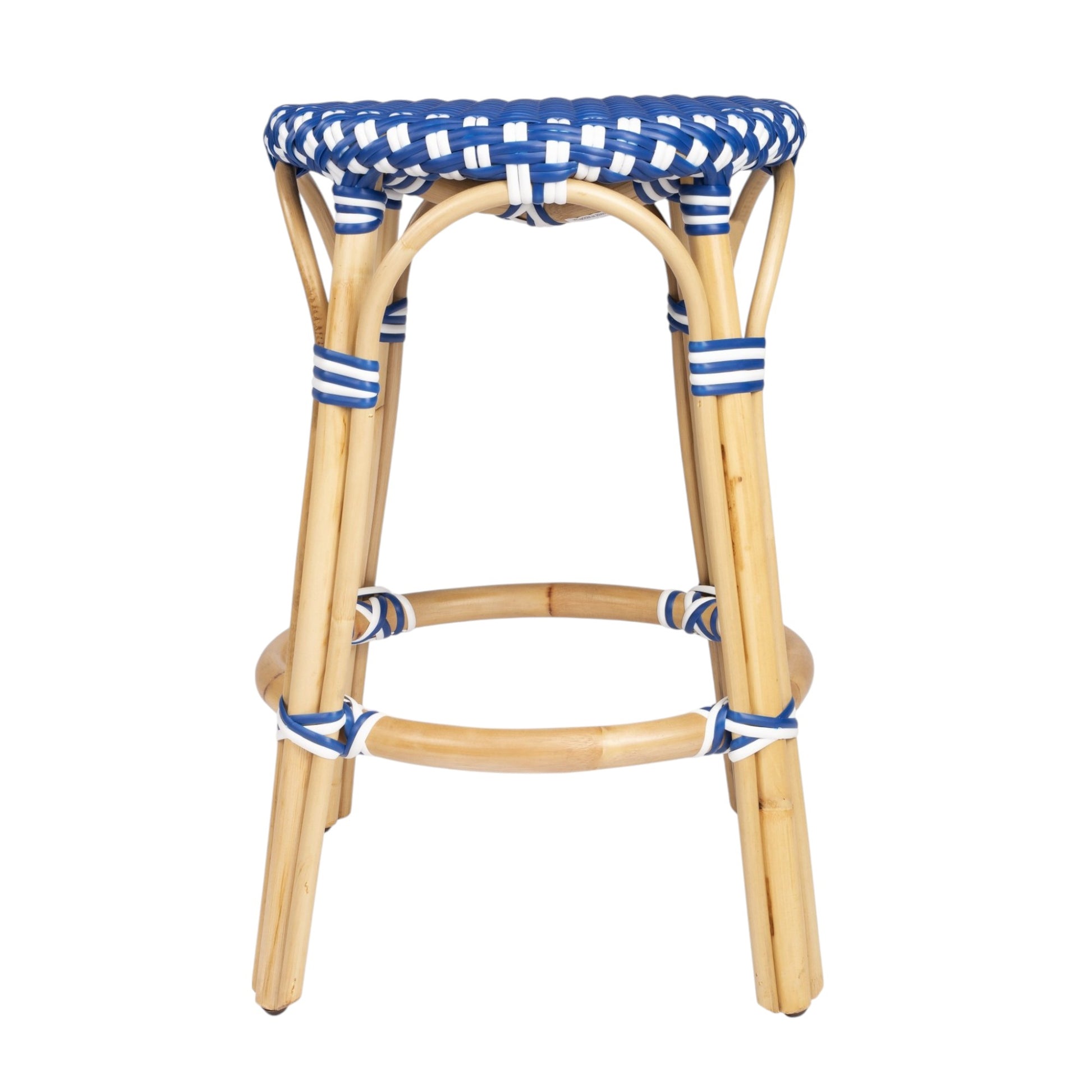 24" Blue and White and Wood Brown Heavy Duty Rattan Backless Counter Height Bar Chair-0
