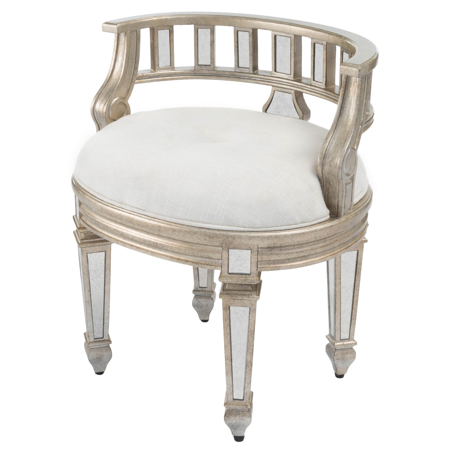21" Cream Linen And Silver Metallic Round Ottoman-1