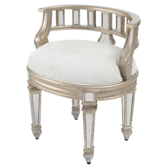 21" Cream Linen And Silver Metallic Round Ottoman-1