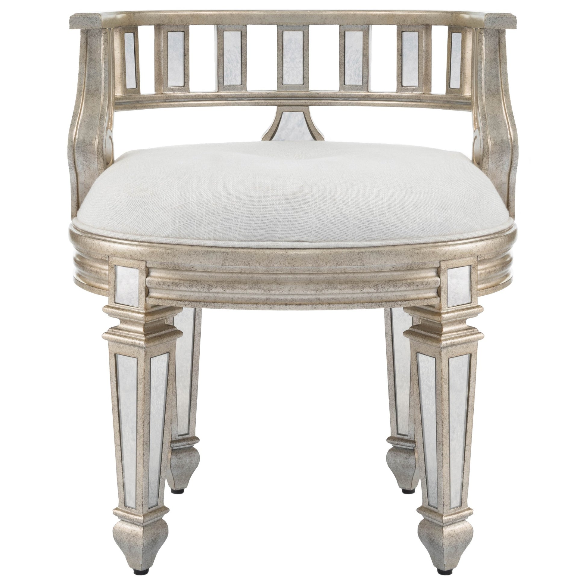 21" Cream Linen And Silver Metallic Round Ottoman-2