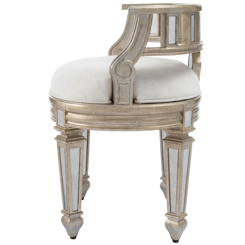 21" Cream Linen And Silver Metallic Round Ottoman-5