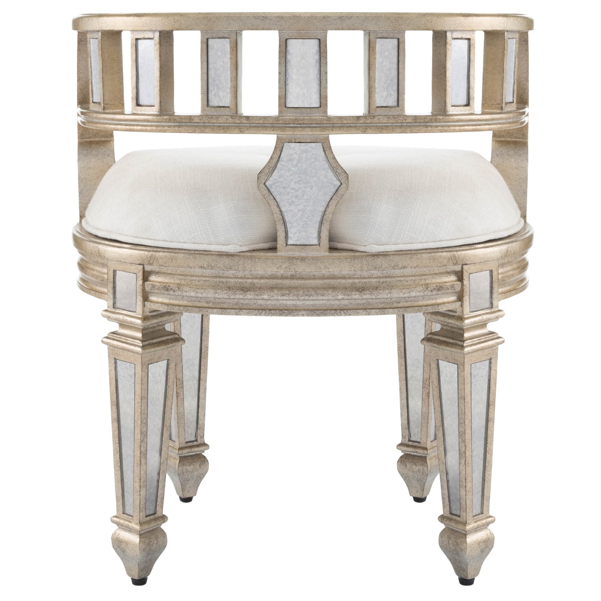 21" Cream Linen And Silver Metallic Round Ottoman-3