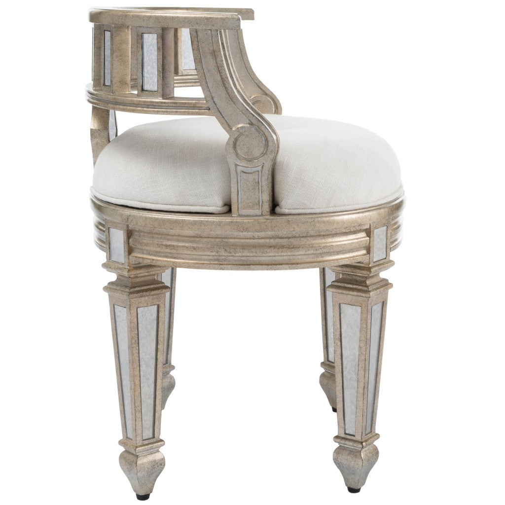 21" Cream Linen And Silver Metallic Round Ottoman-6