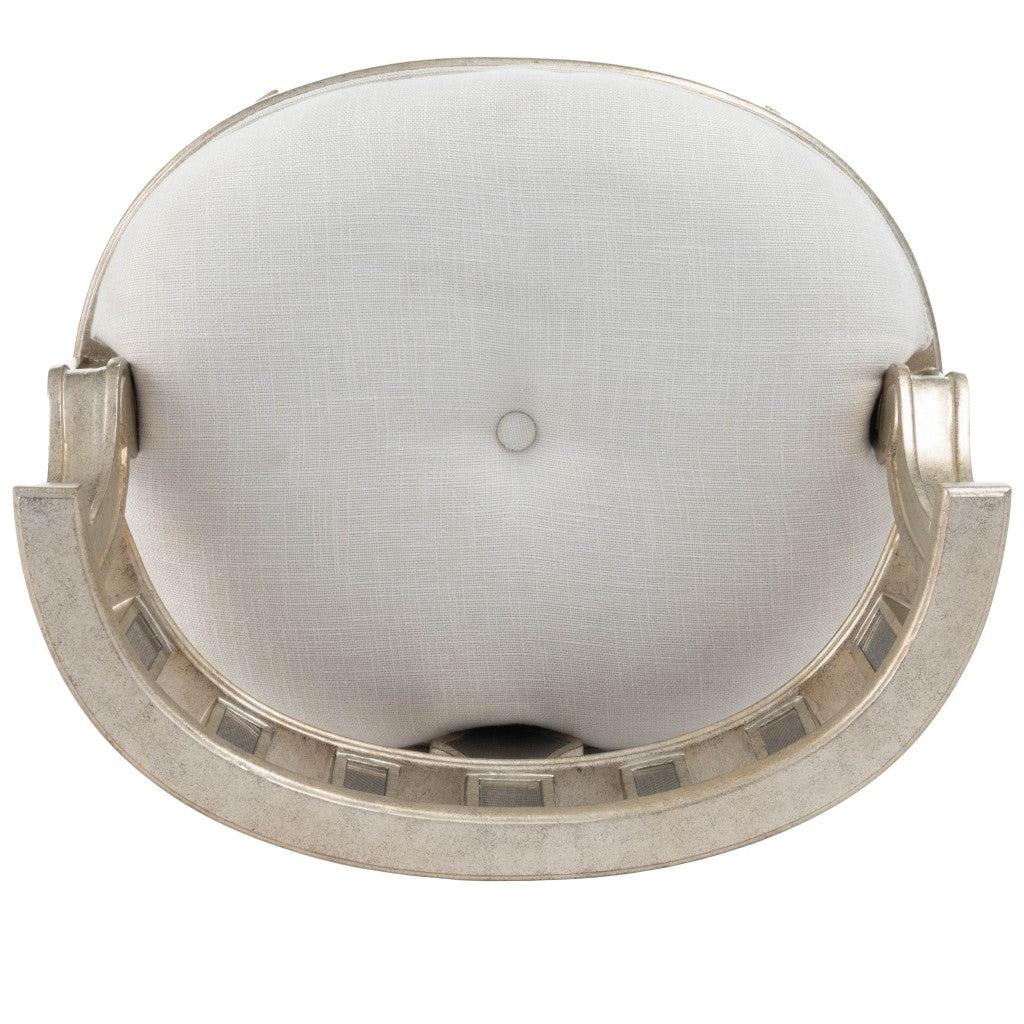 21" Cream Linen And Silver Metallic Round Ottoman-4