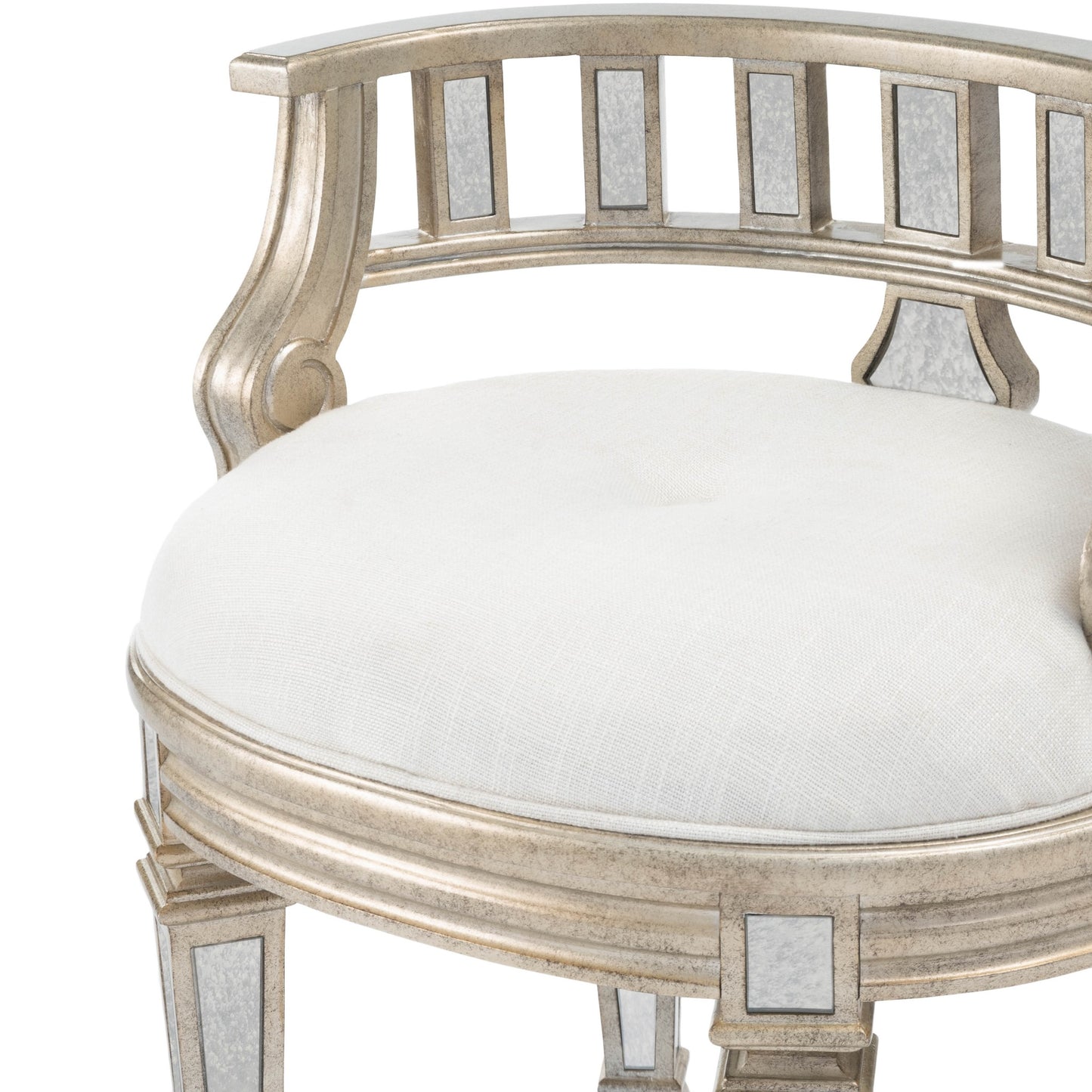 21" Cream Linen And Silver Metallic Round Ottoman-7