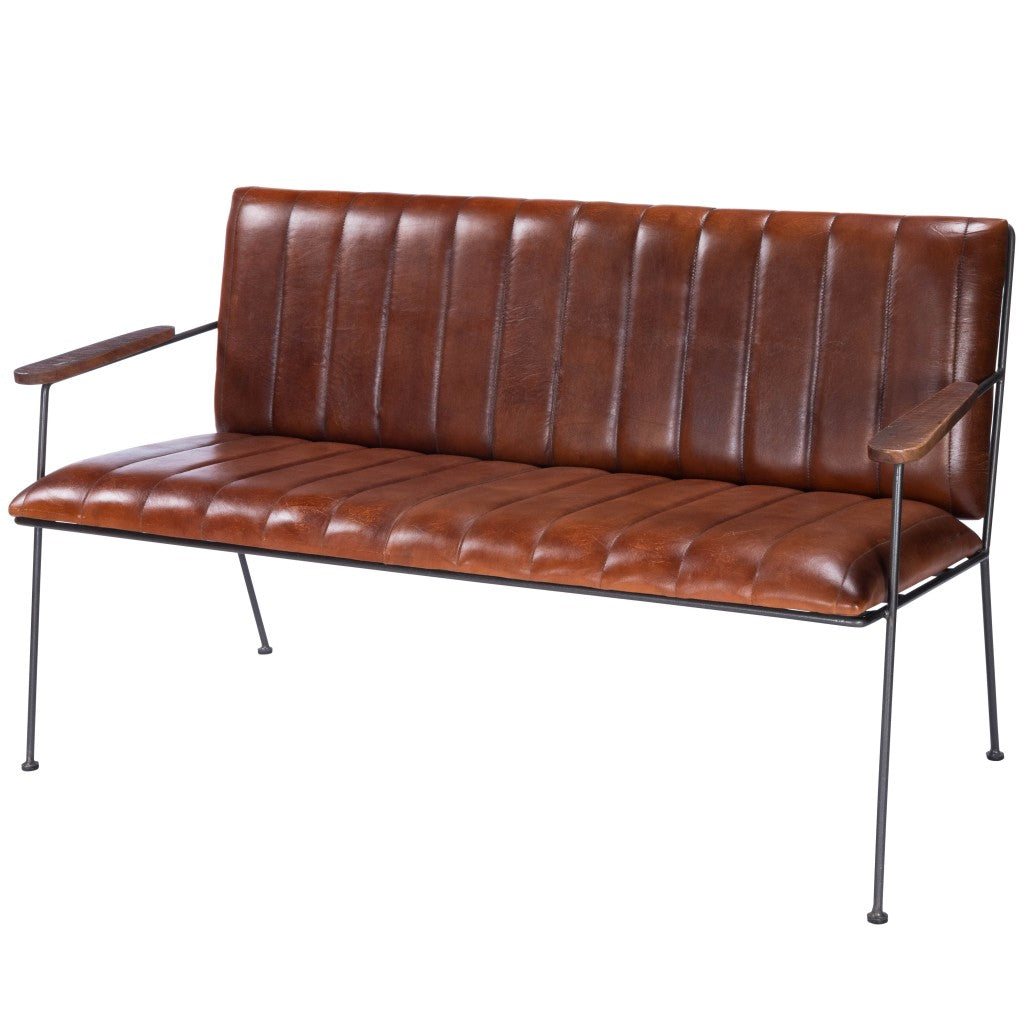 53" Brown and Black Upholstered Faux Leather Distressed Bench-2