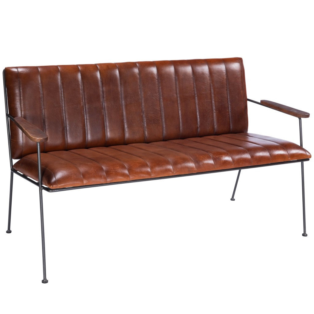 53" Brown and Black Upholstered Faux Leather Distressed Bench-7