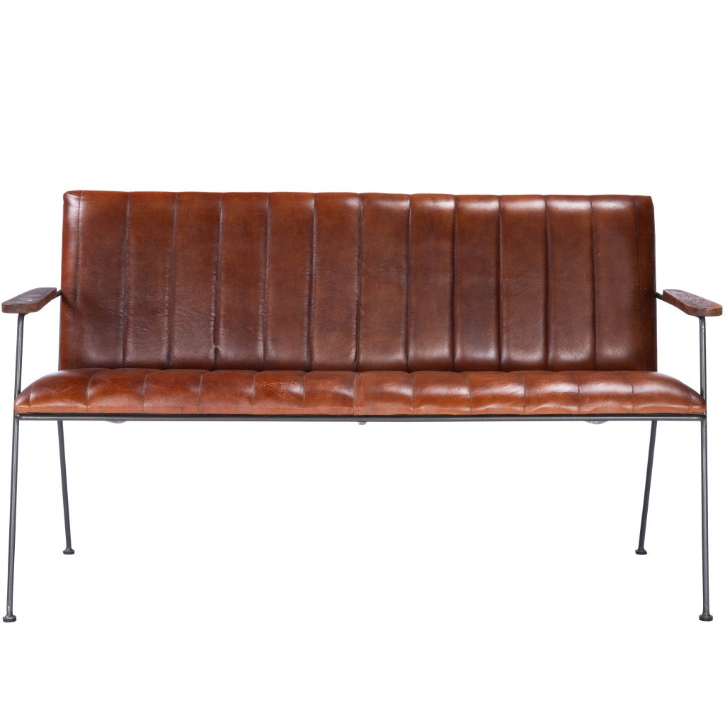 53" Brown and Black Upholstered Faux Leather Distressed Bench-0