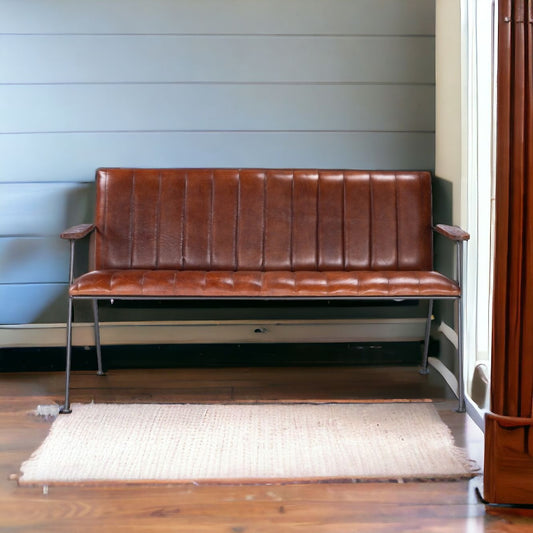 53" Brown and Black Upholstered Faux Leather Distressed Bench-1
