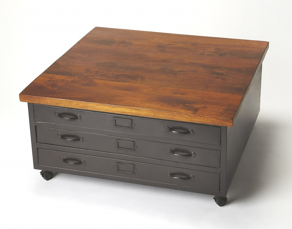 36" Brown and Gray Solid Wood and Metal Square Coffee Table With Three Drawers-2