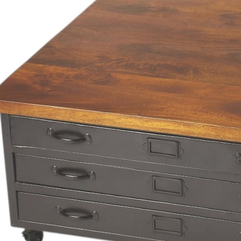 36" Brown and Gray Solid Wood and Metal Square Coffee Table With Three Drawers-4
