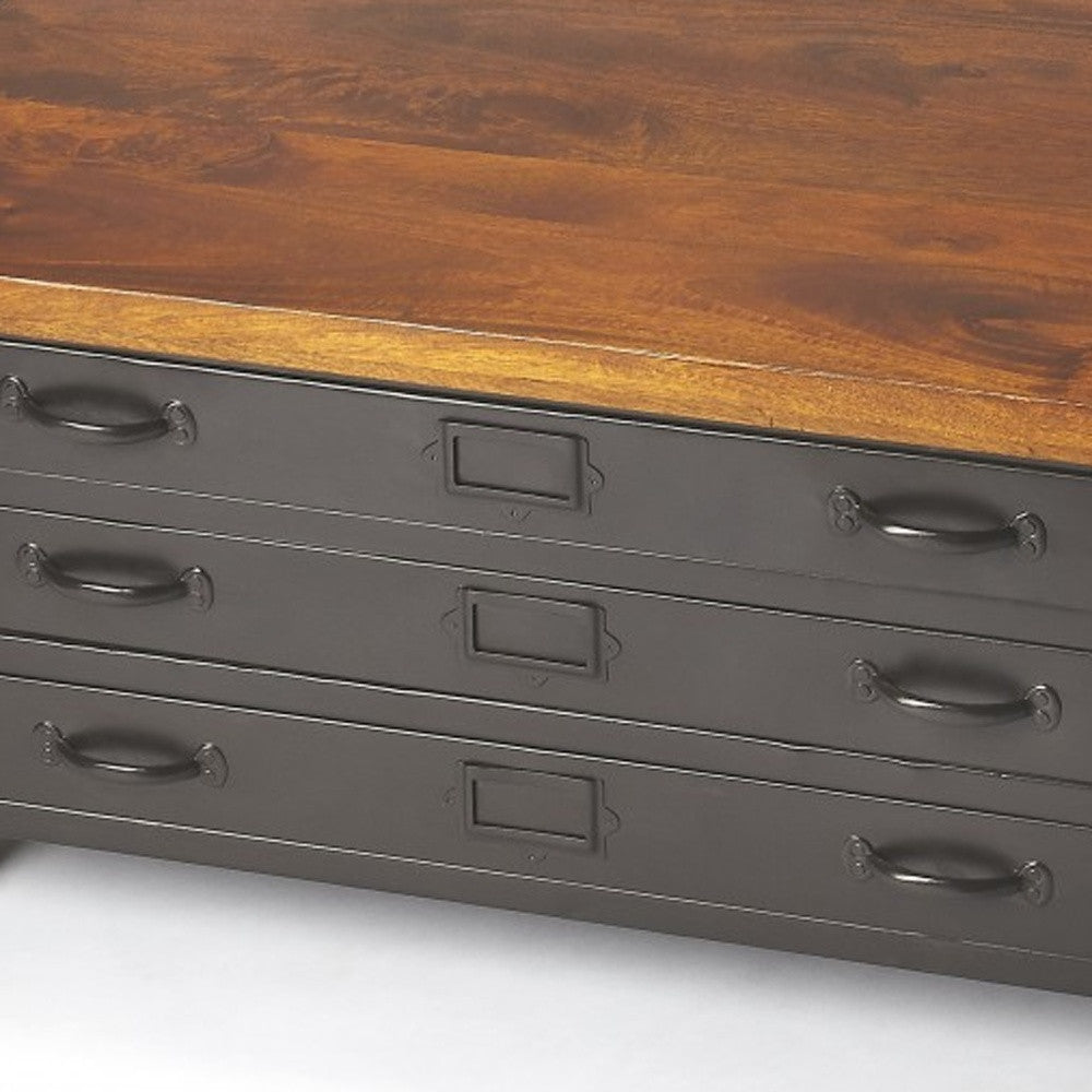 36" Brown and Gray Solid Wood and Metal Square Coffee Table With Three Drawers-5
