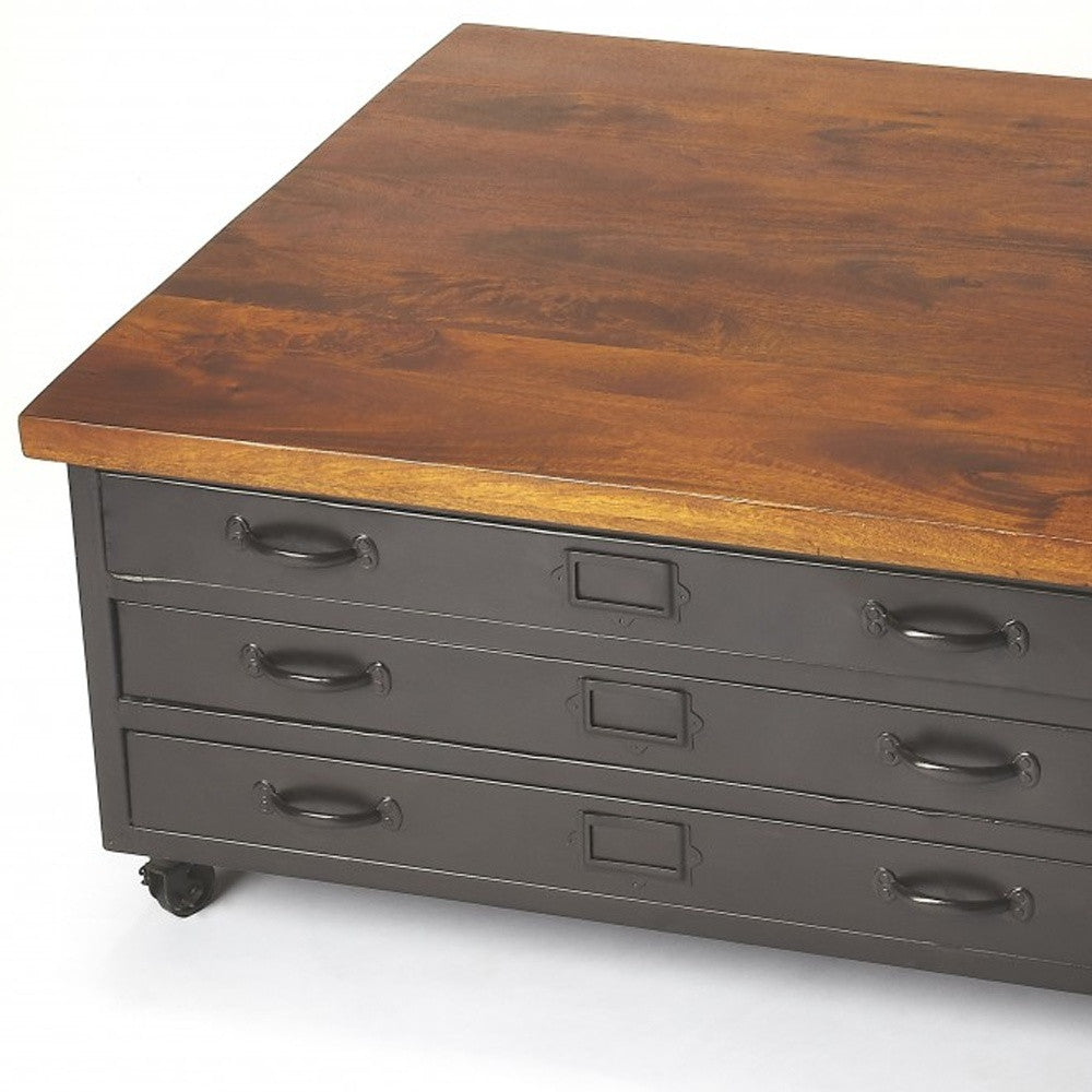 36" Brown and Gray Solid Wood and Metal Square Coffee Table With Three Drawers-3