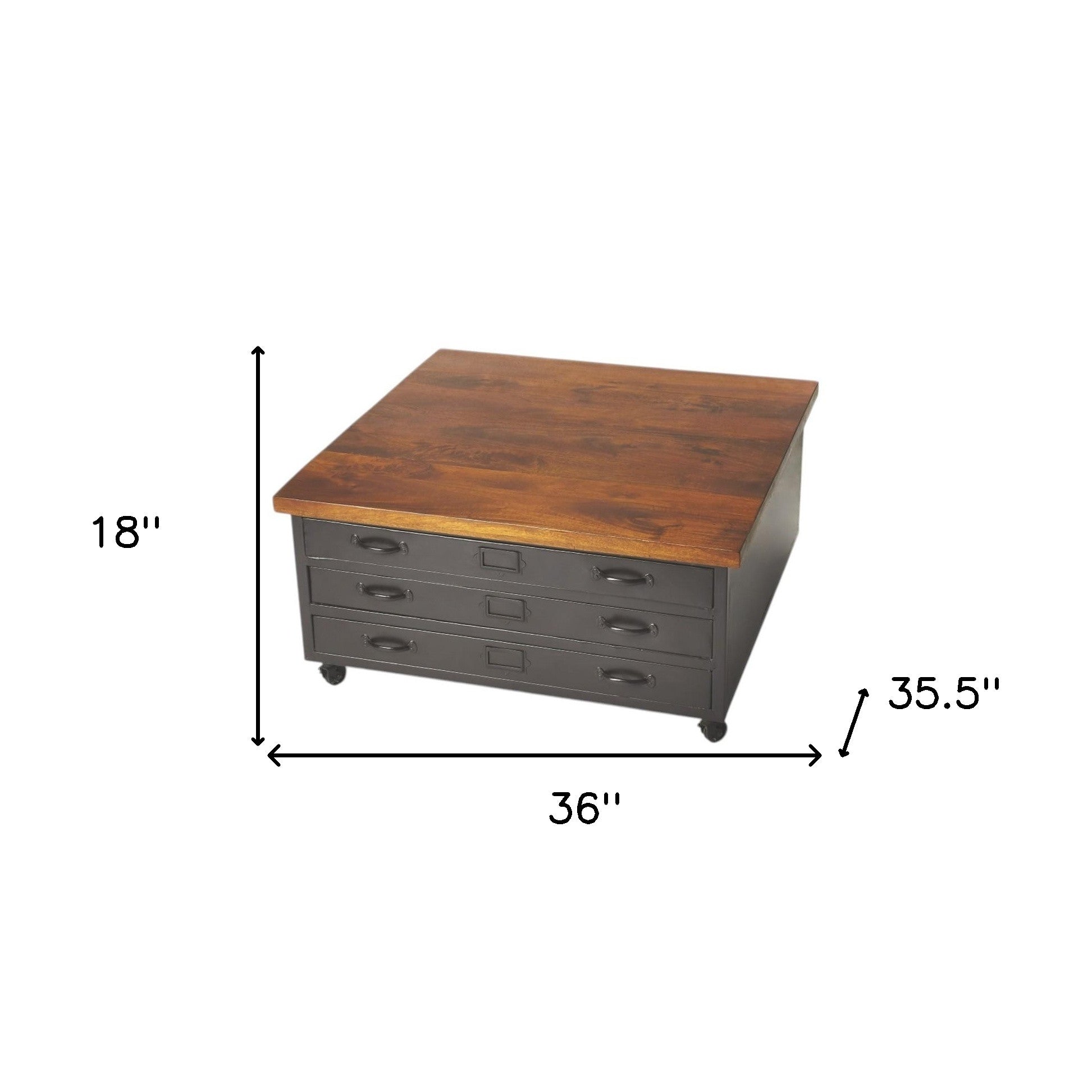 36" Brown and Gray Solid Wood and Metal Square Coffee Table With Three Drawers-6