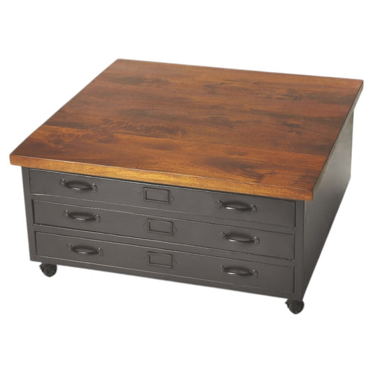 36" Brown and Gray Solid Wood and Metal Square Coffee Table With Three Drawers-1