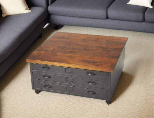 36" Brown and Gray Solid Wood and Metal Square Coffee Table With Three Drawers-0