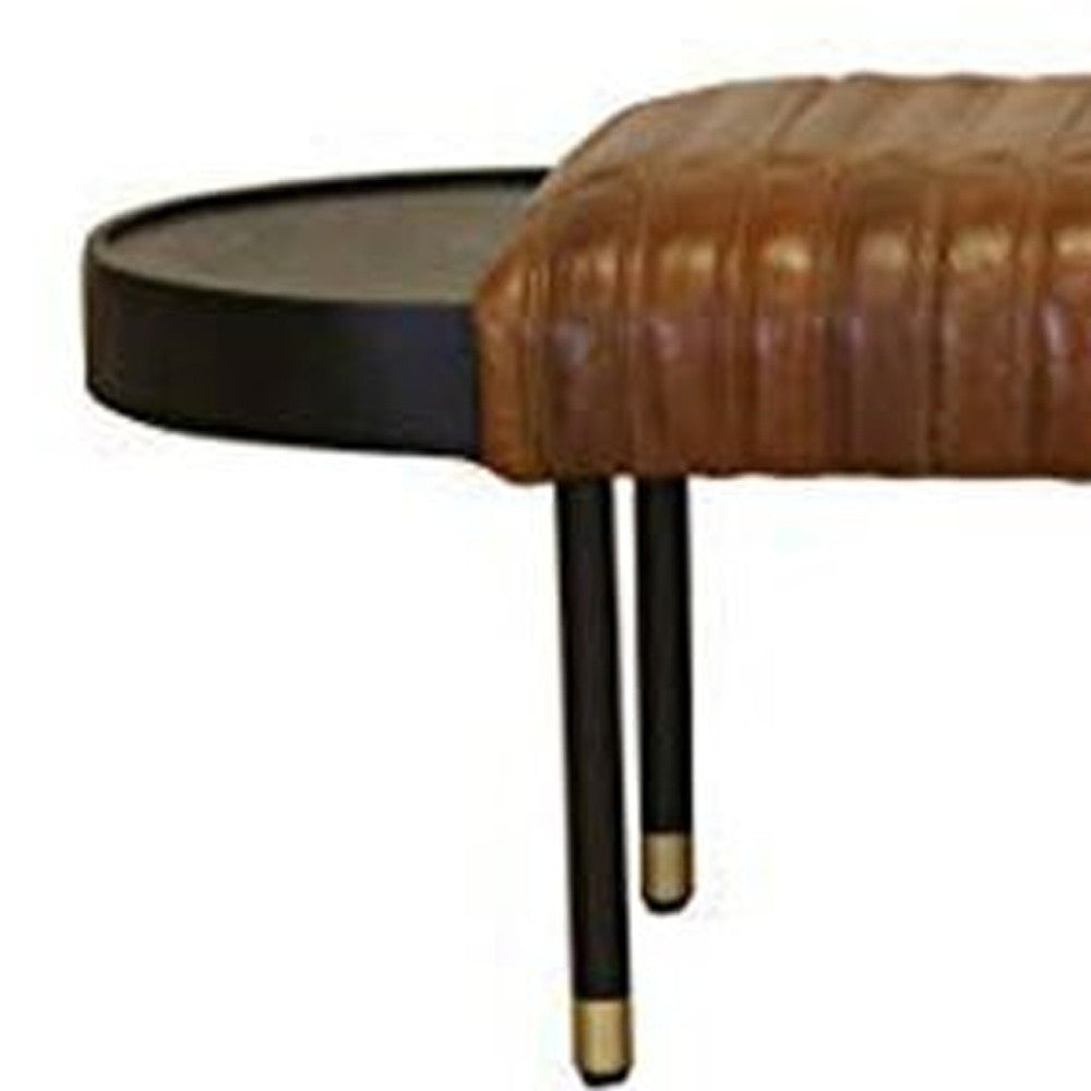 Warm Brown Leather And Solid Wood Bench-2