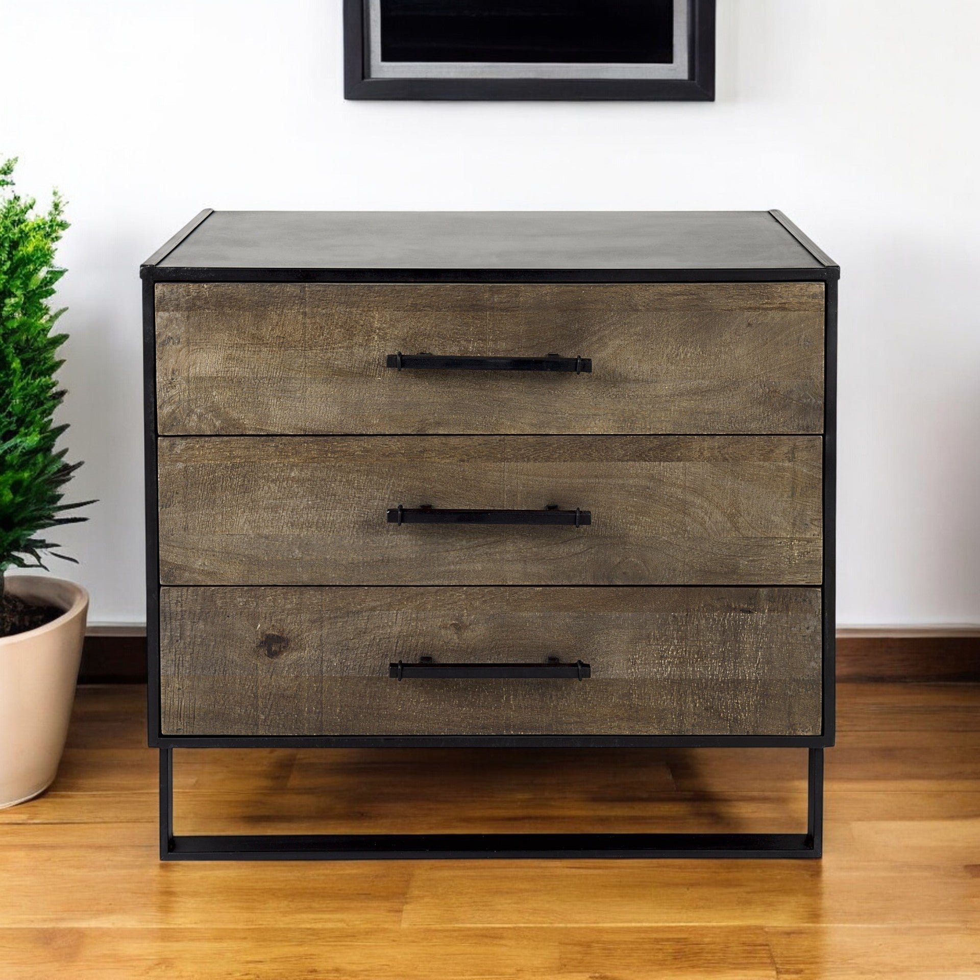 20" Brown and Black Distressed Accent Cabinet With Three Drawers-0