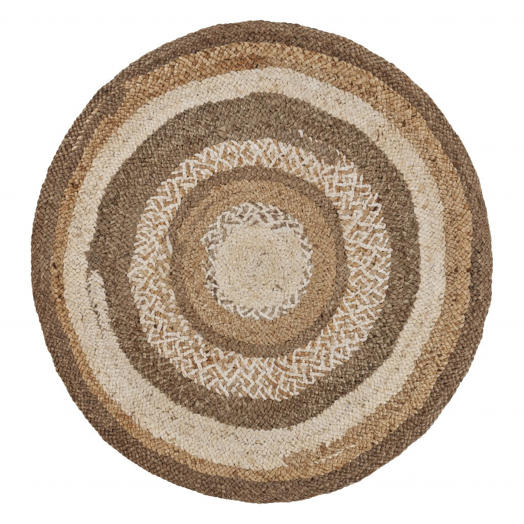 6' Beige Jute Abstract Geometric Hand Braided Round Rug-0